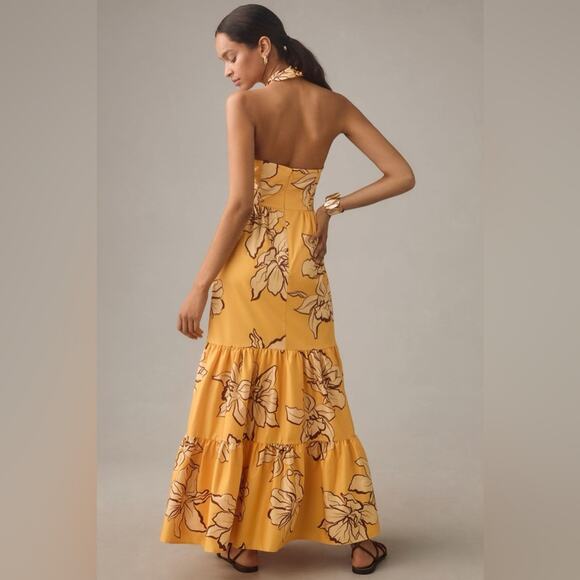 HUTCH Floral Halter Maxi Dress Maize Yellow Adjustable Neck Ruffle Slit 2 NEW - Picture 9 of 14